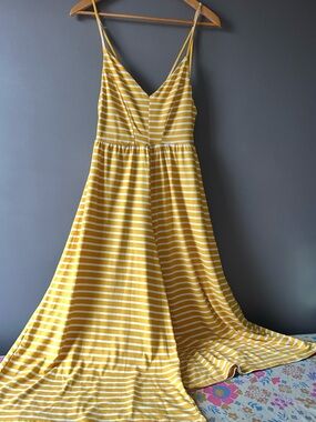 Poof New York Yellow and White Striped Spaghetti Strap Maxi Jumpsuit